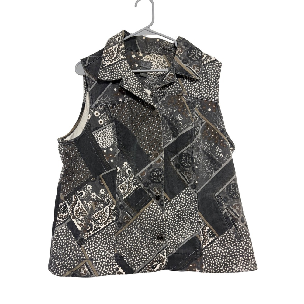 Chico's Vest Patchwork Boho Black Gray White Mixed Print Button Front Size 3 XL‎